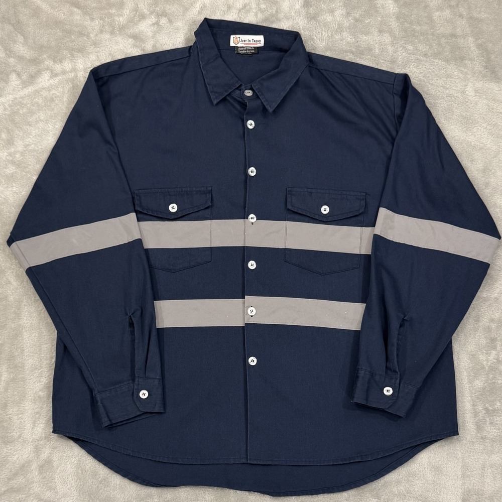 Just In Trend Work Shirt Mens 2XL Blue Reflective Twill Long Sleeve Chest Pocket